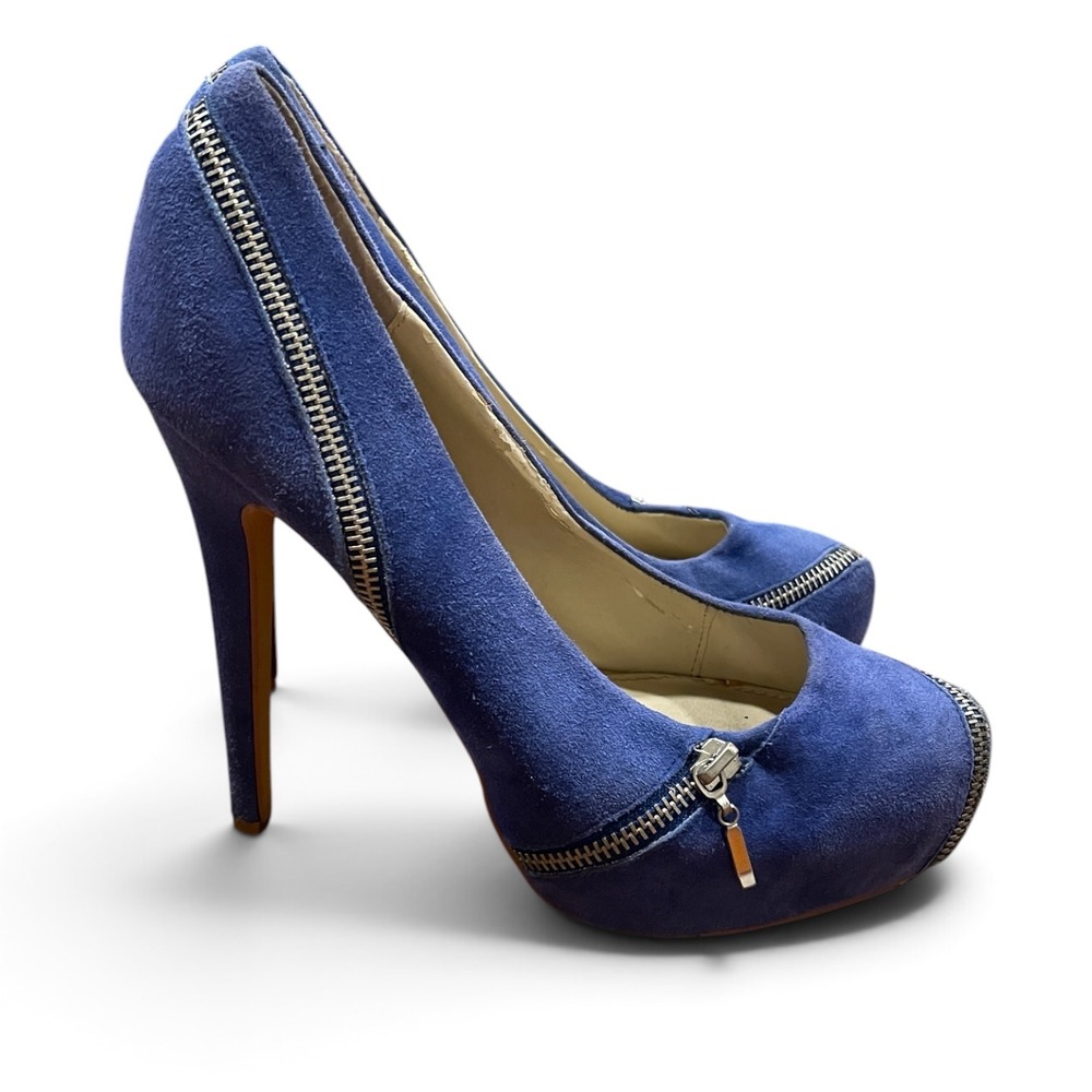 Y2K Colin Stuart Victorias Secret Zipper Platform Pumps 8 Blue Suede Stilettos
